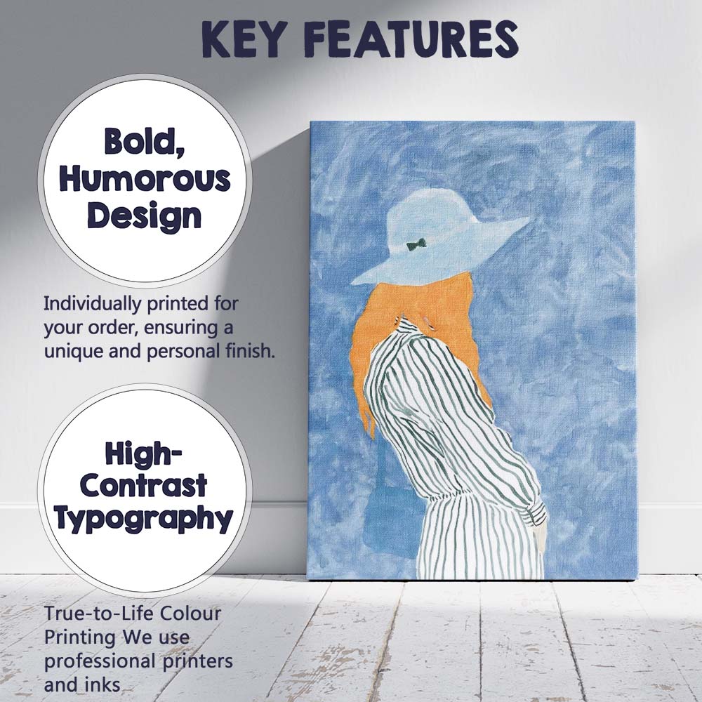 Blue Watercolour Fashion Woman in White Hat Orange Blouse Portrait Canvas Wall Art Print Decor Picture Ready to Hang