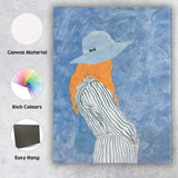 Blue Watercolour Fashion Woman in White Hat Orange Blouse Portrait Canvas Wall Art Print Decor Picture Ready to Hang