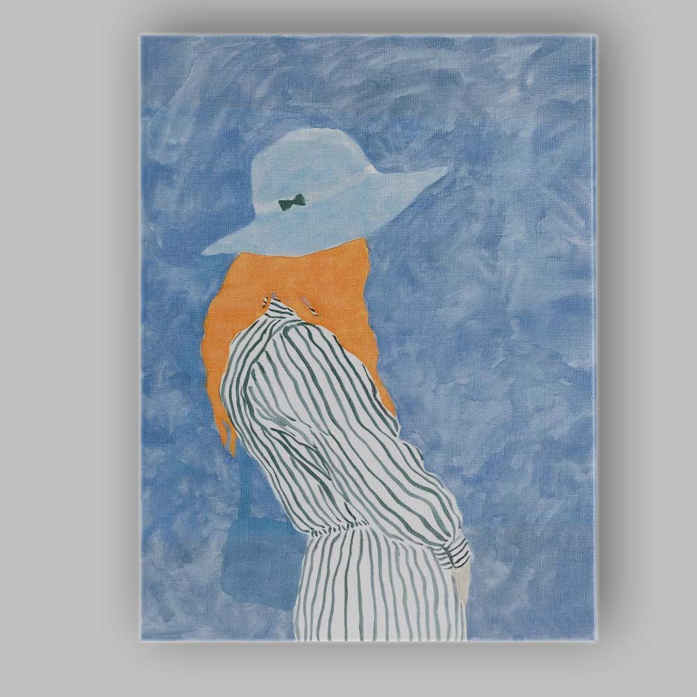 Blue Watercolour Fashion Woman in White Hat Orange Blouse Portrait Canvas Wall Art Print Decor Picture Ready to Hang