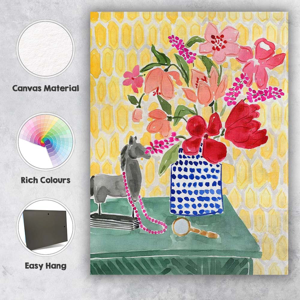 Colourful Floral Still Life Blue Pattern Vase Watercolour Canvas Wall Art Print Decor Picture Ready to Hang