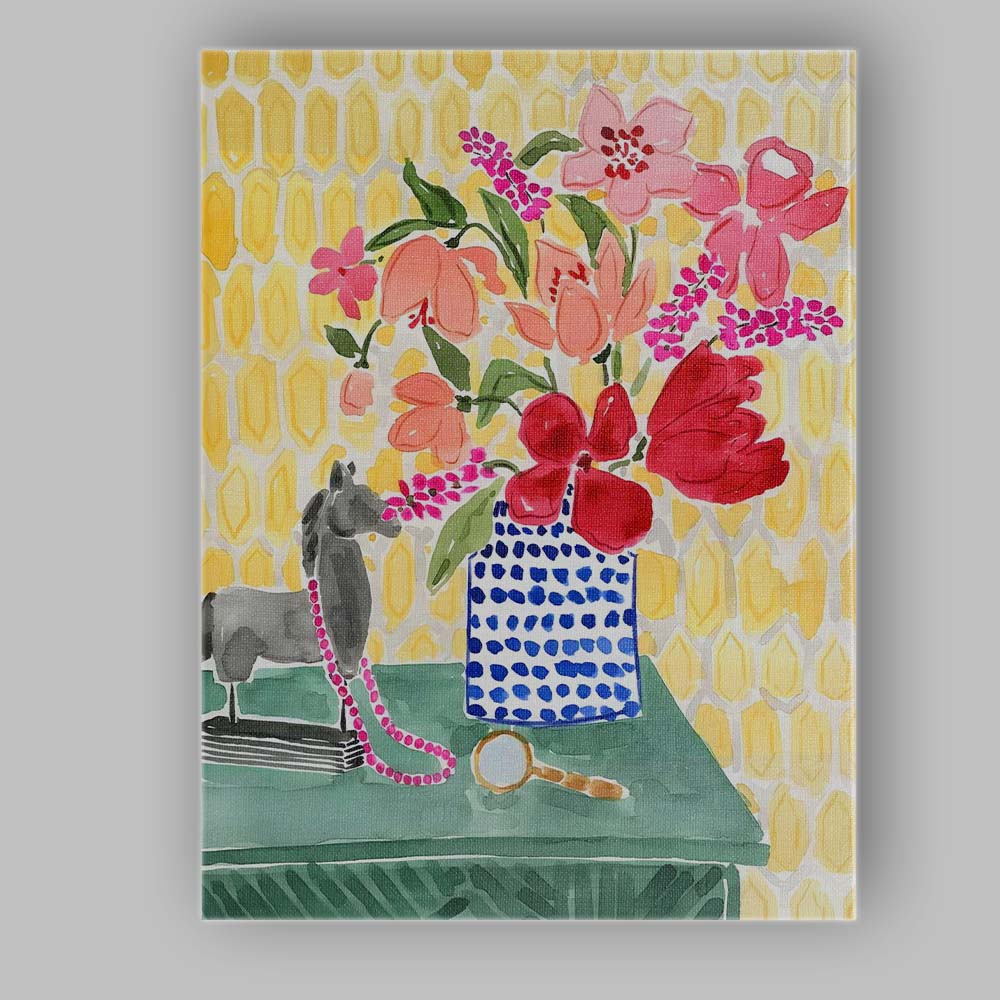 Colourful Floral Still Life Blue Pattern Vase Watercolour Canvas Wall Art Print Decor Picture Ready to Hang