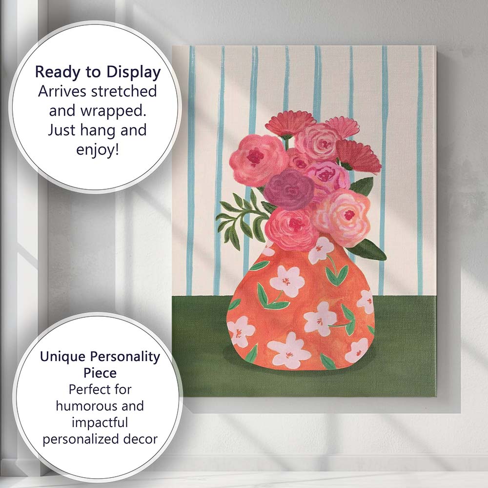 Pink Floral Bouquet Orange Decorative Vase Botanical Painting Canvas Wall Art Print Decor Picture Ready to Hang