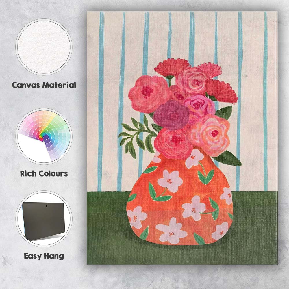 Pink Floral Bouquet Orange Decorative Vase Botanical Painting Canvas Wall Art Print Decor Picture Ready to Hang