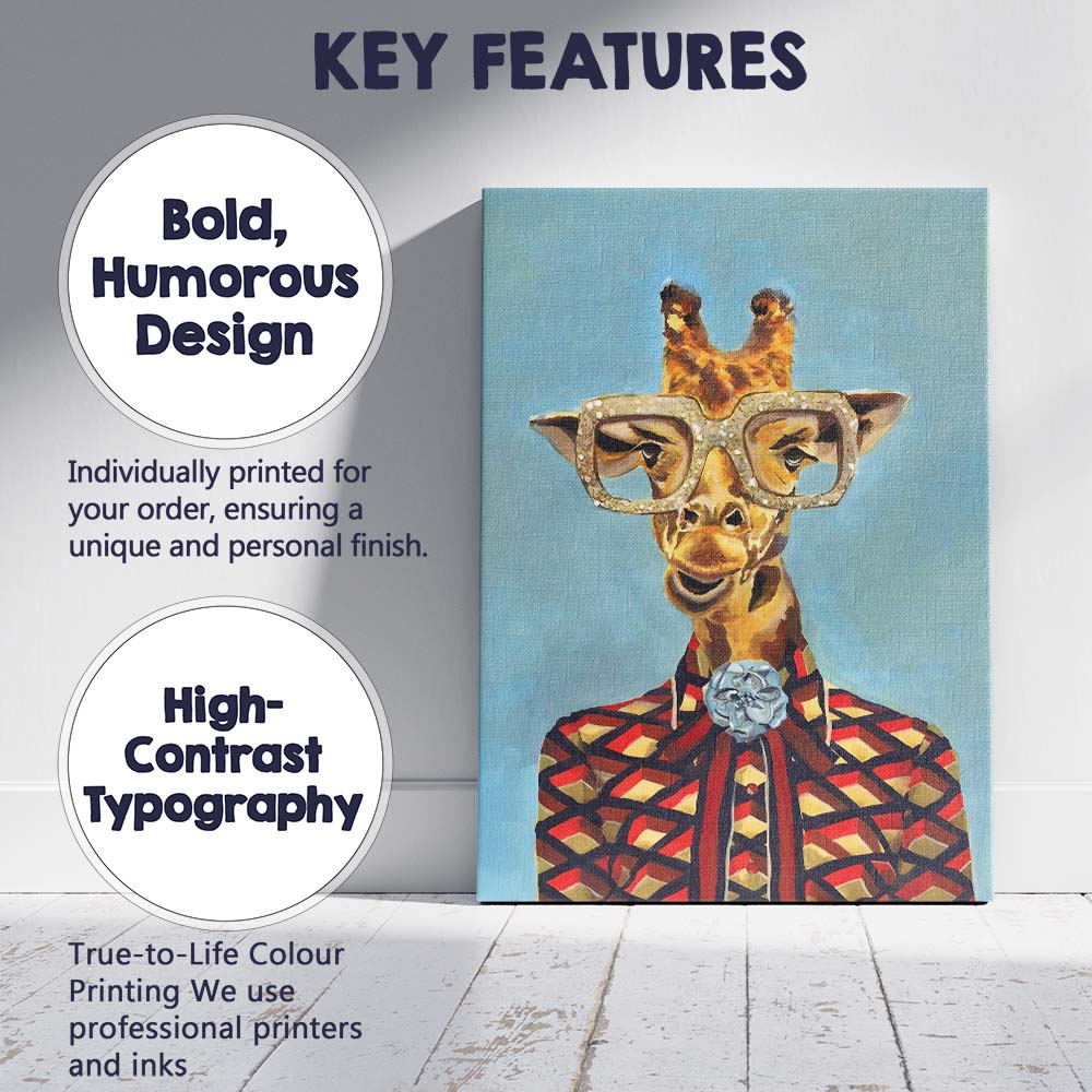Stylish Giraffe Portrait Wearing Glasses Colourful Suit Animal Illustration Canvas Wall Art Print Decor Picture Ready to Hang