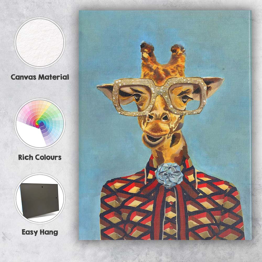 Stylish Giraffe Portrait Wearing Glasses Colourful Suit Animal Illustration Canvas Wall Art Print Decor Picture Ready to Hang