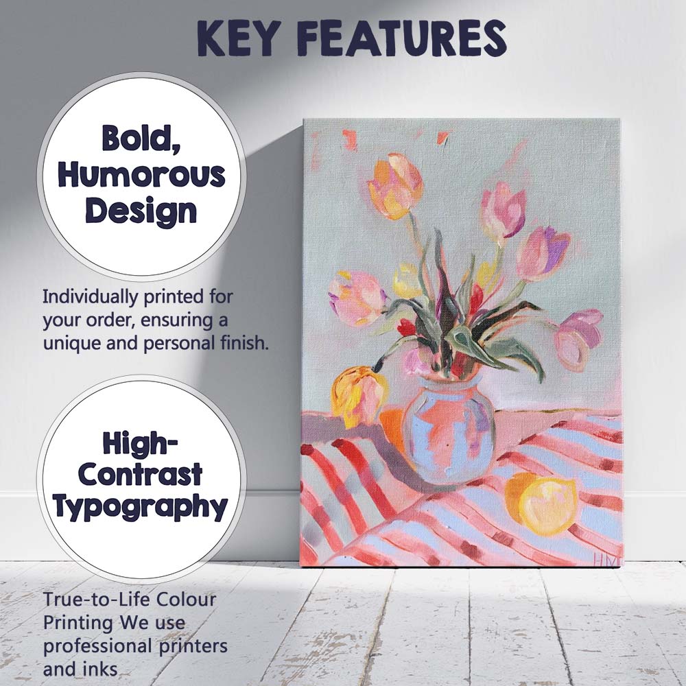 Pastel Pink Tulip Bouquet Blue Ceramic Vase Impressionist Floral Painting Canvas Wall Art Print Decor Picture Ready to Hang