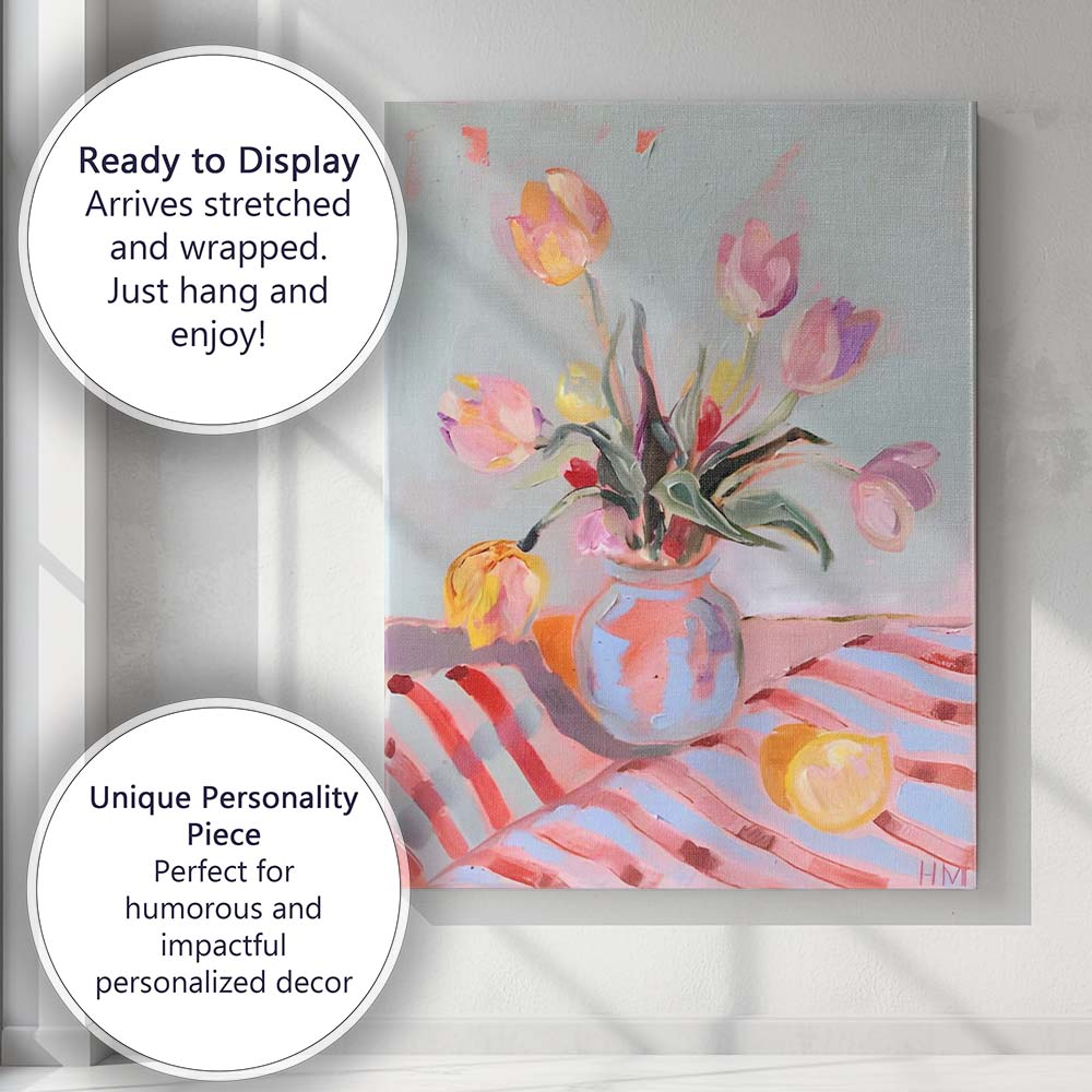 Pastel Pink Tulip Bouquet Blue Ceramic Vase Impressionist Floral Painting Canvas Wall Art Print Decor Picture Ready to Hang