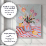 Pastel Pink Tulip Bouquet Blue Ceramic Vase Impressionist Floral Painting Canvas Wall Art Print Decor Picture Ready to Hang