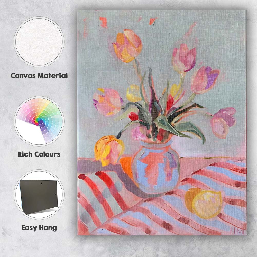 Pastel Pink Tulip Bouquet Blue Ceramic Vase Impressionist Floral Painting Canvas Wall Art Print Decor Picture Ready to Hang