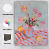 Pastel Pink Tulip Bouquet Blue Ceramic Vase Impressionist Floral Painting Canvas Wall Art Print Decor Picture Ready to Hang