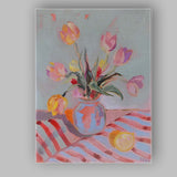 Pastel Pink Tulip Bouquet Blue Ceramic Vase Impressionist Floral Painting Canvas Wall Art Print Decor Picture Ready to Hang
