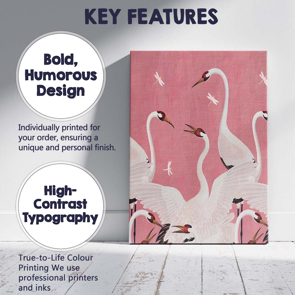 Elegant White Red Crowned Crane Birds Pink Botanical Pattern Canvas Wall Art Print Decor Picture Ready to Hang