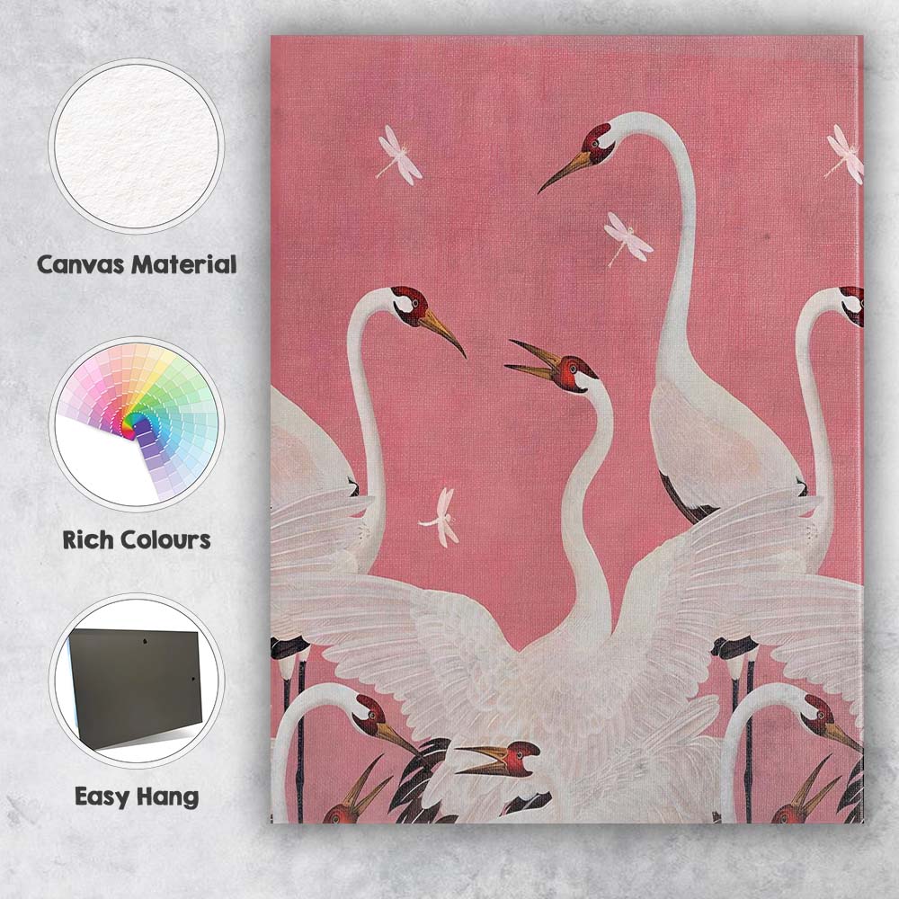 Elegant White Red Crowned Crane Birds Pink Botanical Pattern Canvas Wall Art Print Decor Picture Ready to Hang