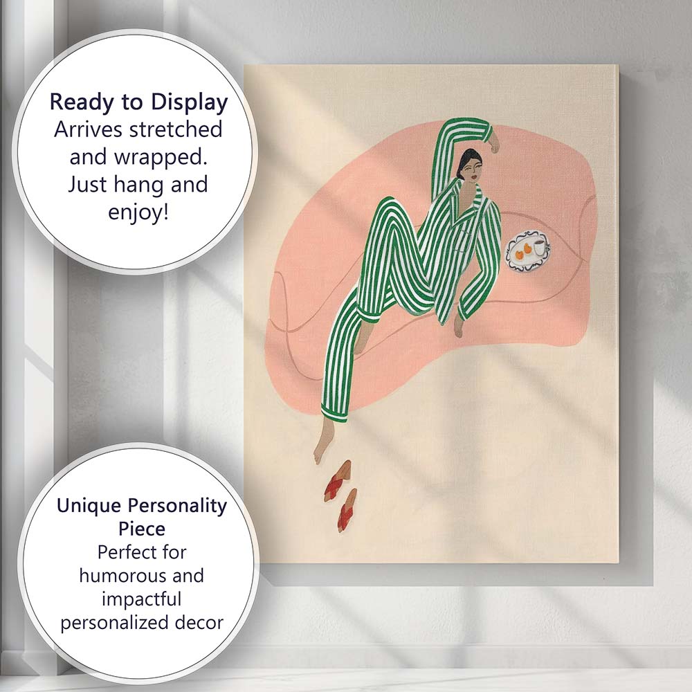 Modern Woman Relaxing on Pink Sofa Green Striped Pyjamas Illustration Canvas Wall Art Print Decor Picture Ready to Hang