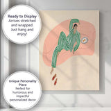 Modern Woman Relaxing on Pink Sofa Green Striped Pyjamas Illustration Canvas Wall Art Print Decor Picture Ready to Hang