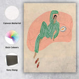 Modern Woman Relaxing on Pink Sofa Green Striped Pyjamas Illustration Canvas Wall Art Print Decor Picture Ready to Hang