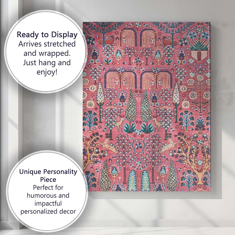 Pink Persian Garden Folk Art Floral Botanical Repeat Pattern Canvas Wall Art Print Decor Picture Ready to Hang