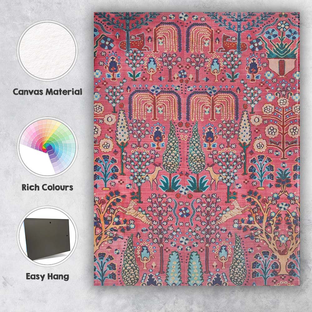 Pink Persian Garden Folk Art Floral Botanical Repeat Pattern Canvas Wall Art Print Decor Picture Ready to Hang