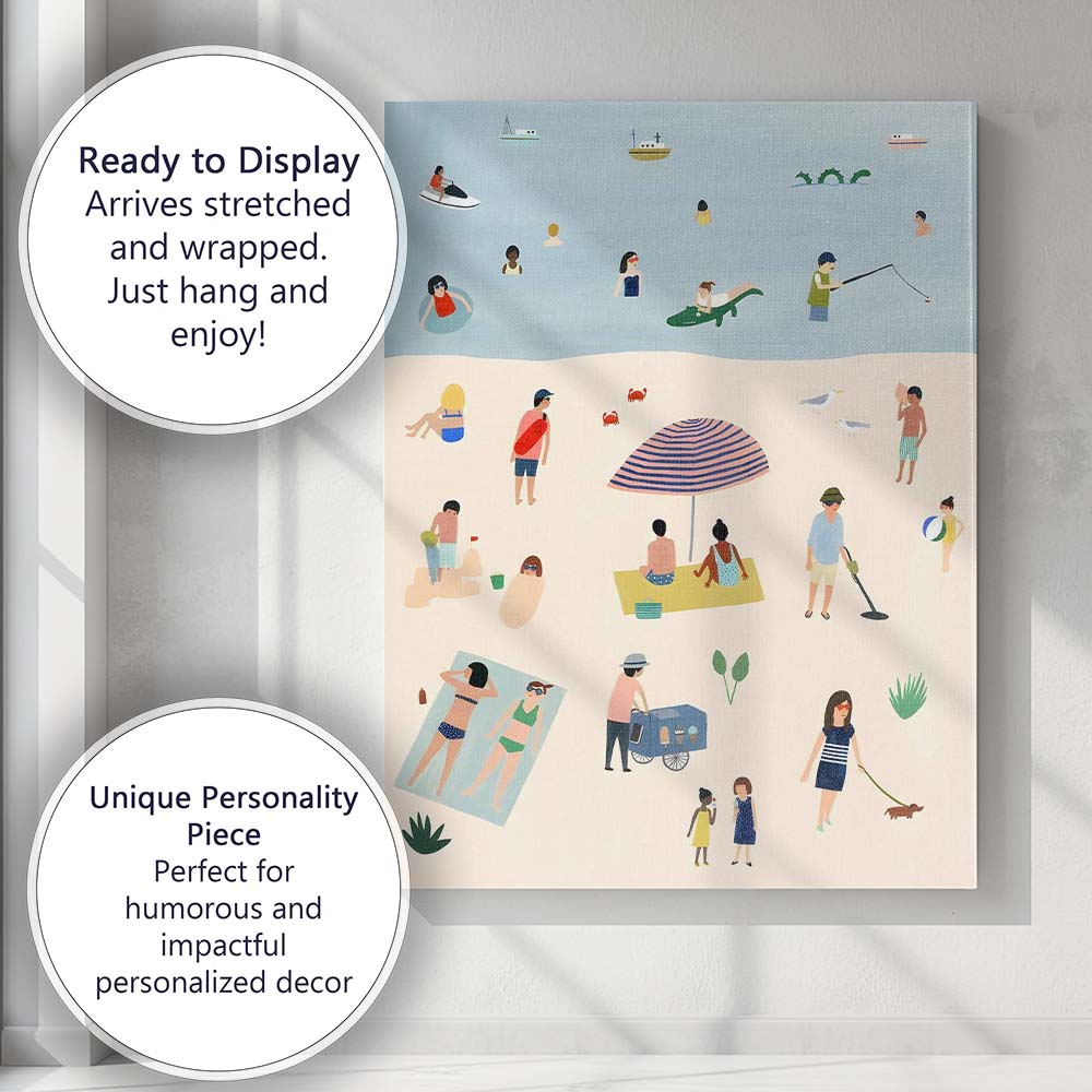 Whimsical Summer Beach Seaside Holiday People Coastal Illustration Canvas Wall Art Print Decor Picture Ready to Hang
