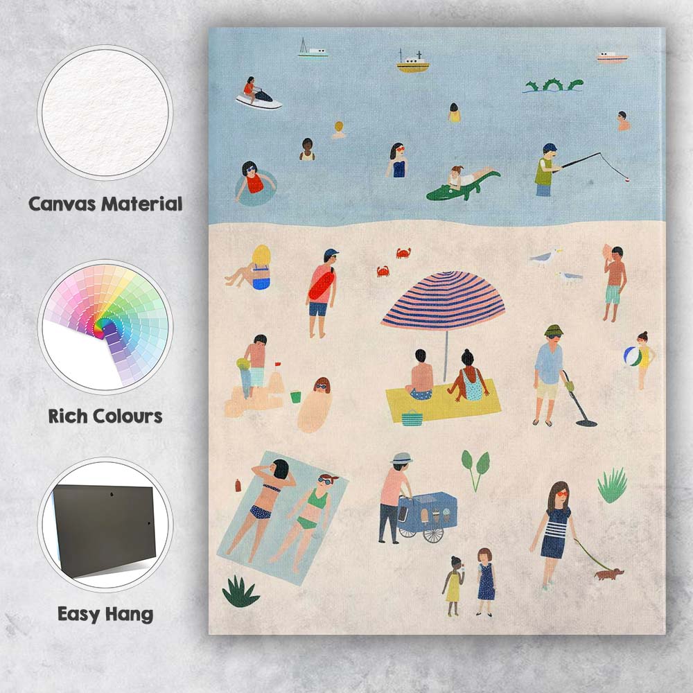Whimsical Summer Beach Seaside Holiday People Coastal Illustration Canvas Wall Art Print Decor Picture Ready to Hang
