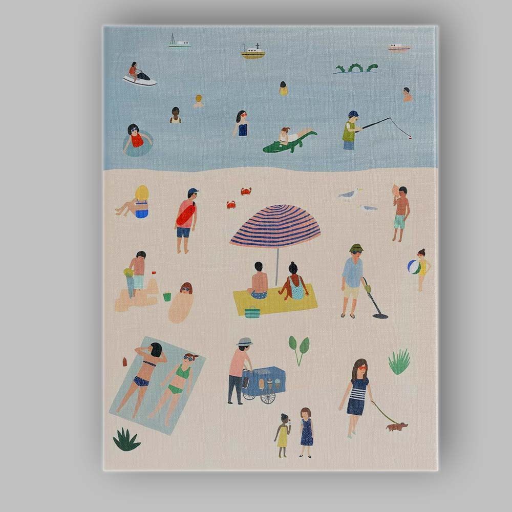 Whimsical Summer Beach Seaside Holiday People Coastal Illustration Canvas Wall Art Print Decor Picture Ready to Hang