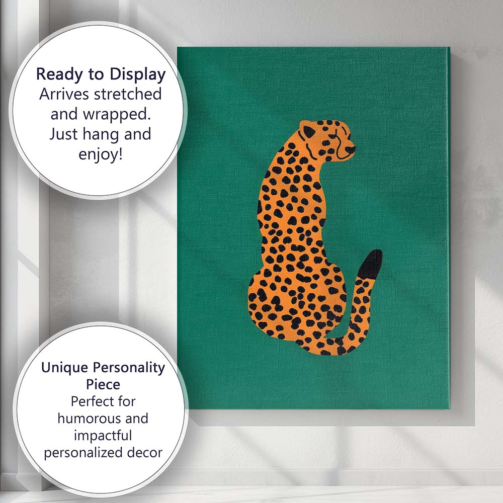 Minimalist Orange Leopard Green Background Wildlife Illustration Canvas Wall Art Print Decor Picture Ready to Hang