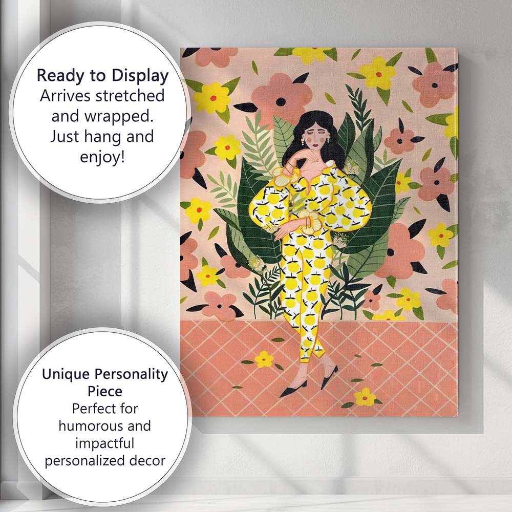 Stylish Woman in Lemon Print Floral Fashion Illustration Canvas Wall Art Print Decor Picture Ready to Hang