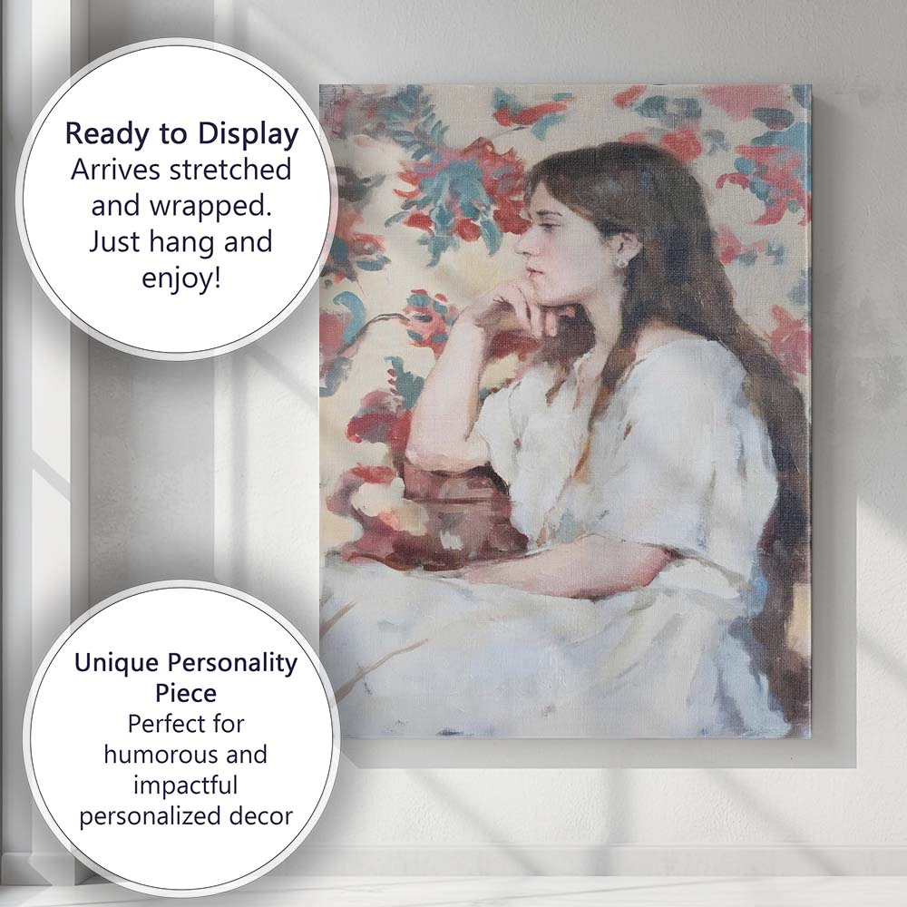 Elegant Young Woman Floral Portrait Oil Painting Canvas Wall Art Print Decor Picture Ready to Hang