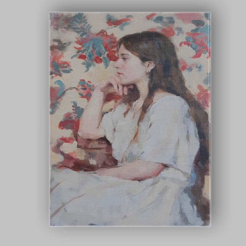 Elegant Young Woman Floral Portrait Oil Painting Canvas Wall Art Print Decor Picture Ready to Hang