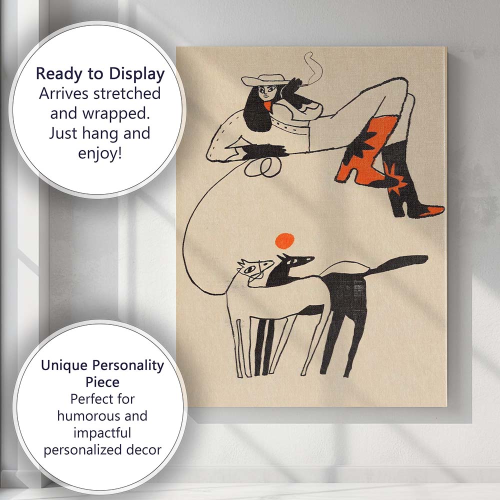 Minimalist Cowgirl with Horses Western Line Art Illustration Canvas Wall Art Print Decor Picture Ready to Hang