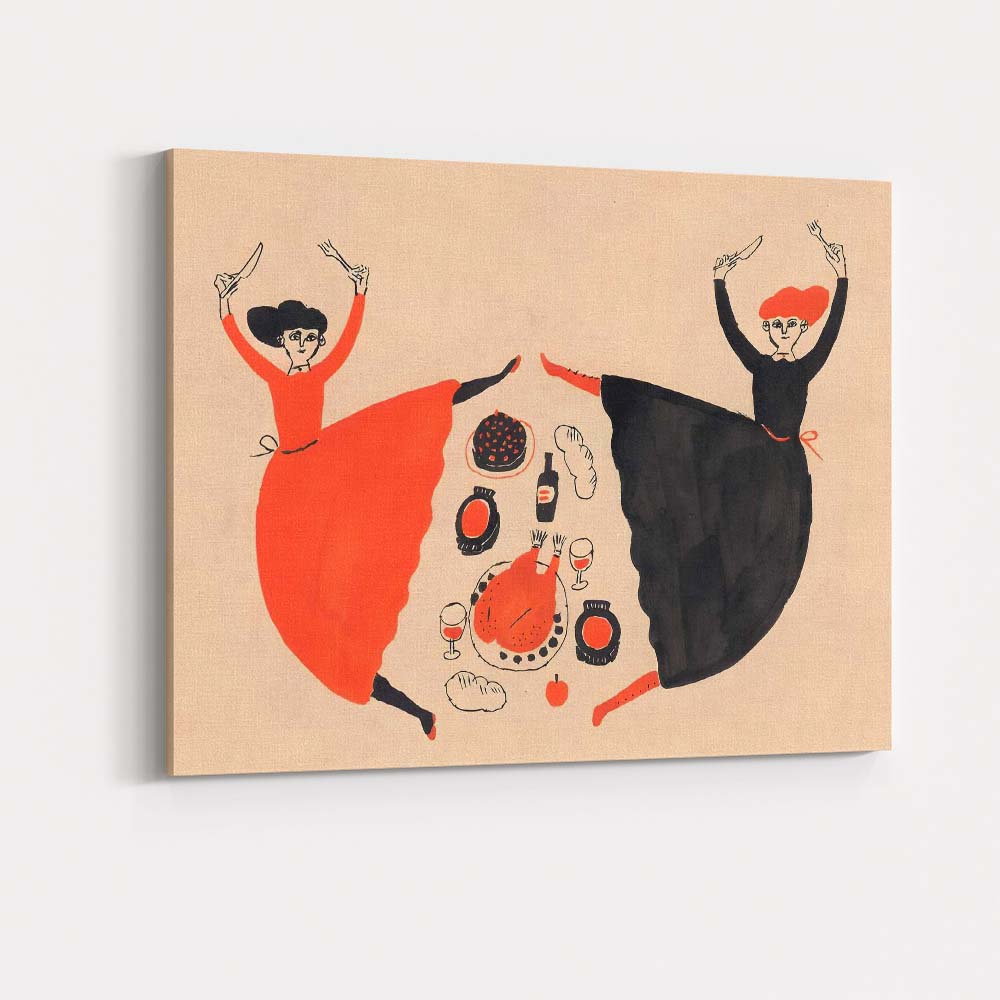 Modern Folk Art Dinner Party Dancing Women Illustration Canvas Wall Art Print Decor Picture Ready to Hang