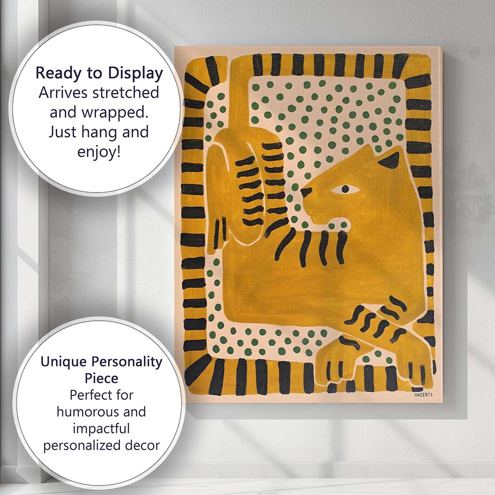 Mustard Yellow Abstract Cat Folk Art Illustration Canvas Wall Art Print Decor Picture Ready to Hang