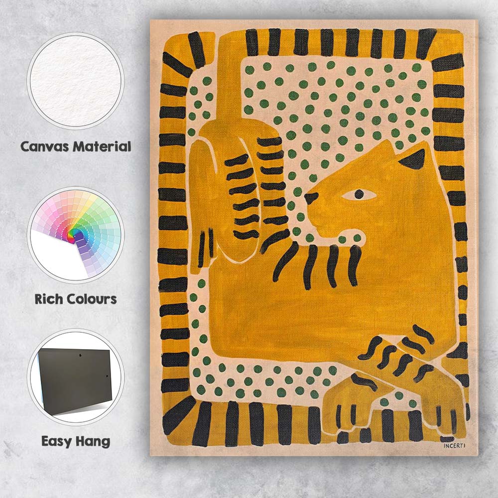 Mustard Yellow Abstract Cat Folk Art Illustration Canvas Wall Art Print Decor Picture Ready to Hang