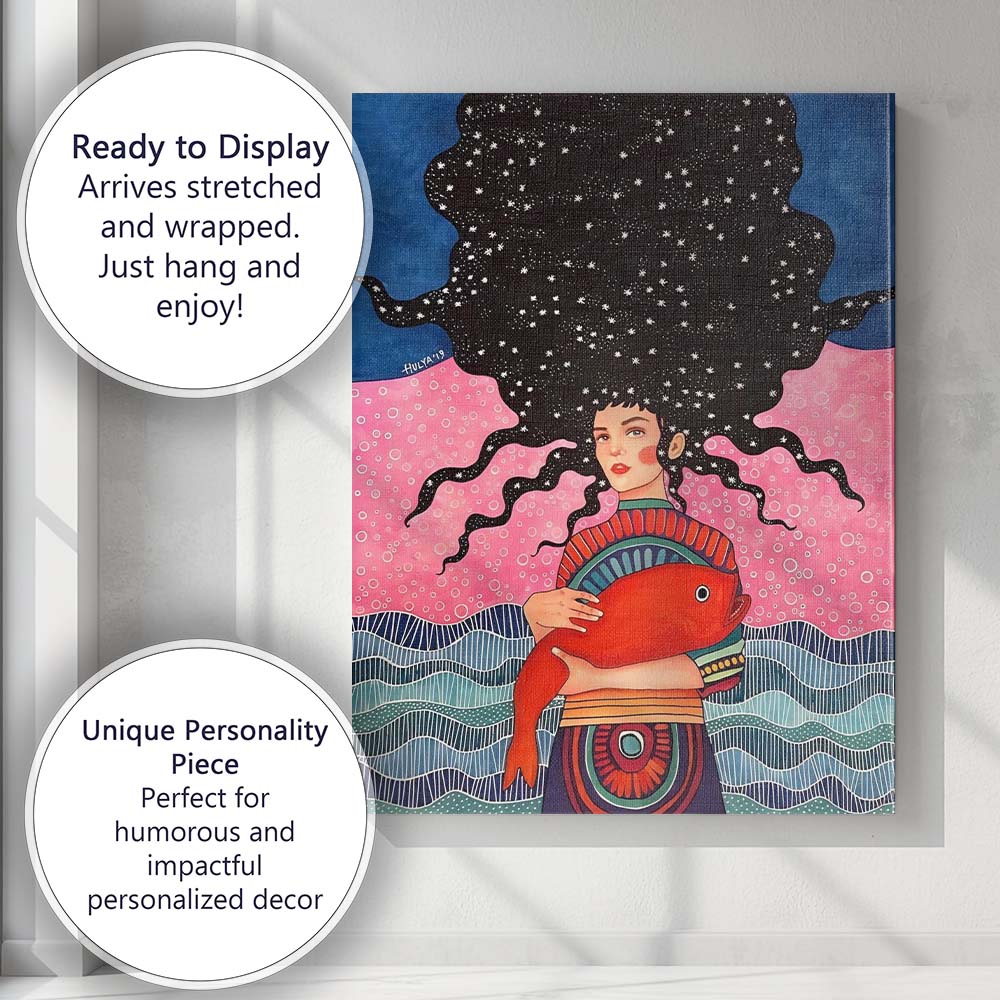 Colourful Surreal Woman Holding Red Fish Ocean Fantasy Canvas Wall Art Print Decor Picture Ready to Hang