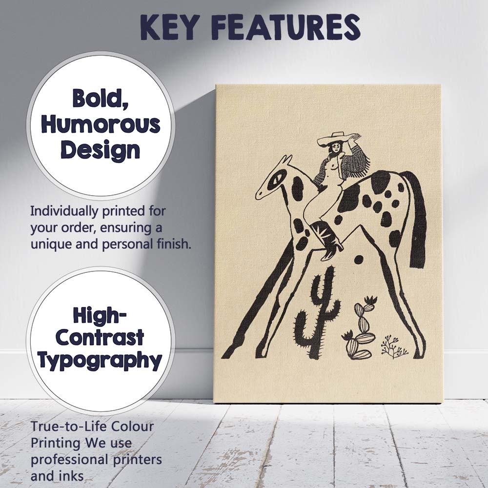 Minimalist Western Cowgirl Riding Spotted Horse Desert Illustration Canvas Wall Art Print Decor Picture Ready to Hang