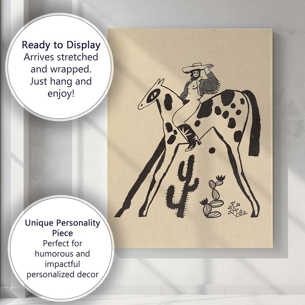 Minimalist Western Cowgirl Riding Spotted Horse Desert Illustration Canvas Wall Art Print Decor Picture Ready to Hang