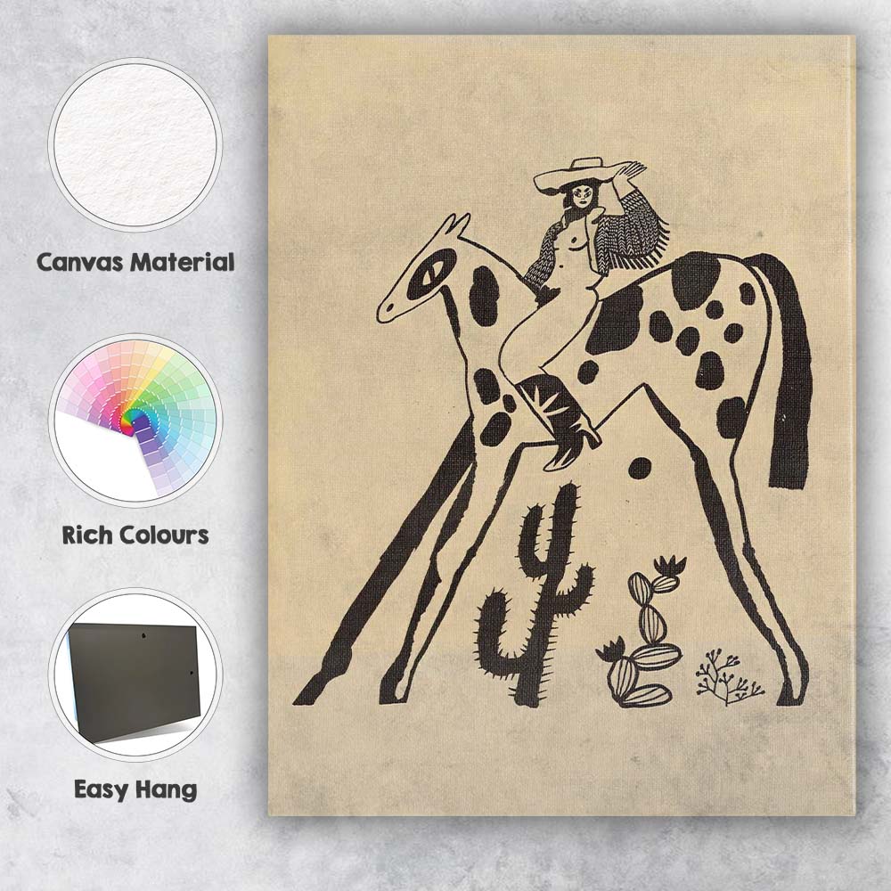 Minimalist Western Cowgirl Riding Spotted Horse Desert Illustration Canvas Wall Art Print Decor Picture Ready to Hang