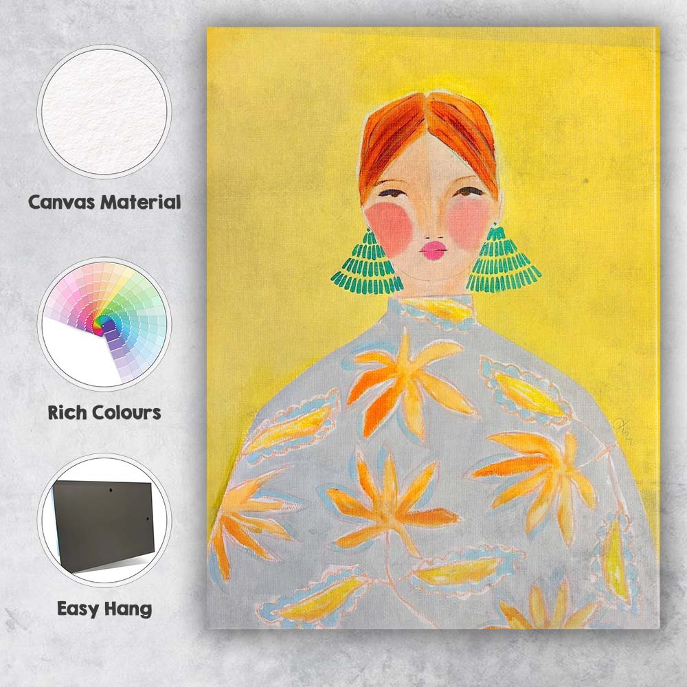 Abstract Red Haired Woman Portrait with Floral Dress Canvas Wall Art Print Decor Picture Ready to Hang