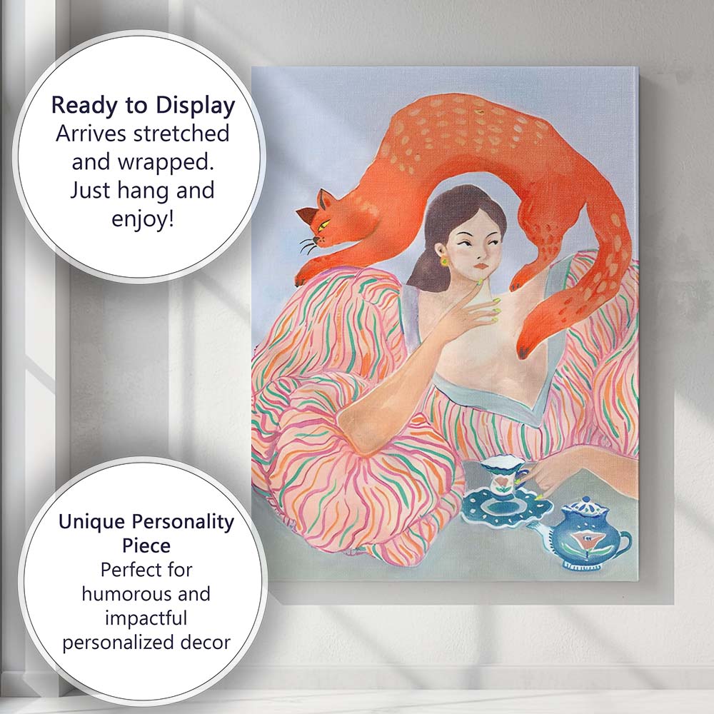 Surreal Woman with Red Cat Tea Time Illustration Canvas Wall Art Print Decor Picture Ready to Hang