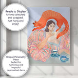 Surreal Woman with Red Cat Tea Time Illustration Canvas Wall Art Print Decor Picture Ready to Hang