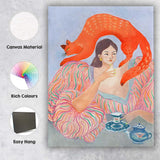 Surreal Woman with Red Cat Tea Time Illustration Canvas Wall Art Print Decor Picture Ready to Hang