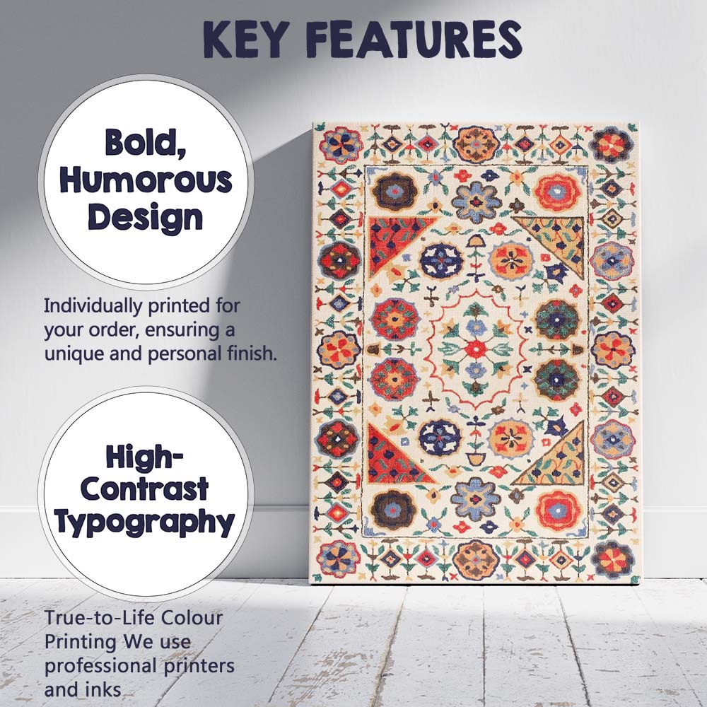 Bohemian Folk Art Floral Medallion Decorative Rug Pattern Canvas Wall Art Print Decor Picture Ready to Hang