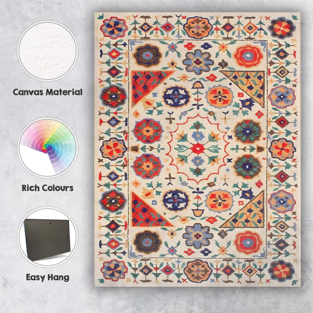 Bohemian Folk Art Floral Medallion Decorative Rug Pattern Canvas Wall Art Print Decor Picture Ready to Hang