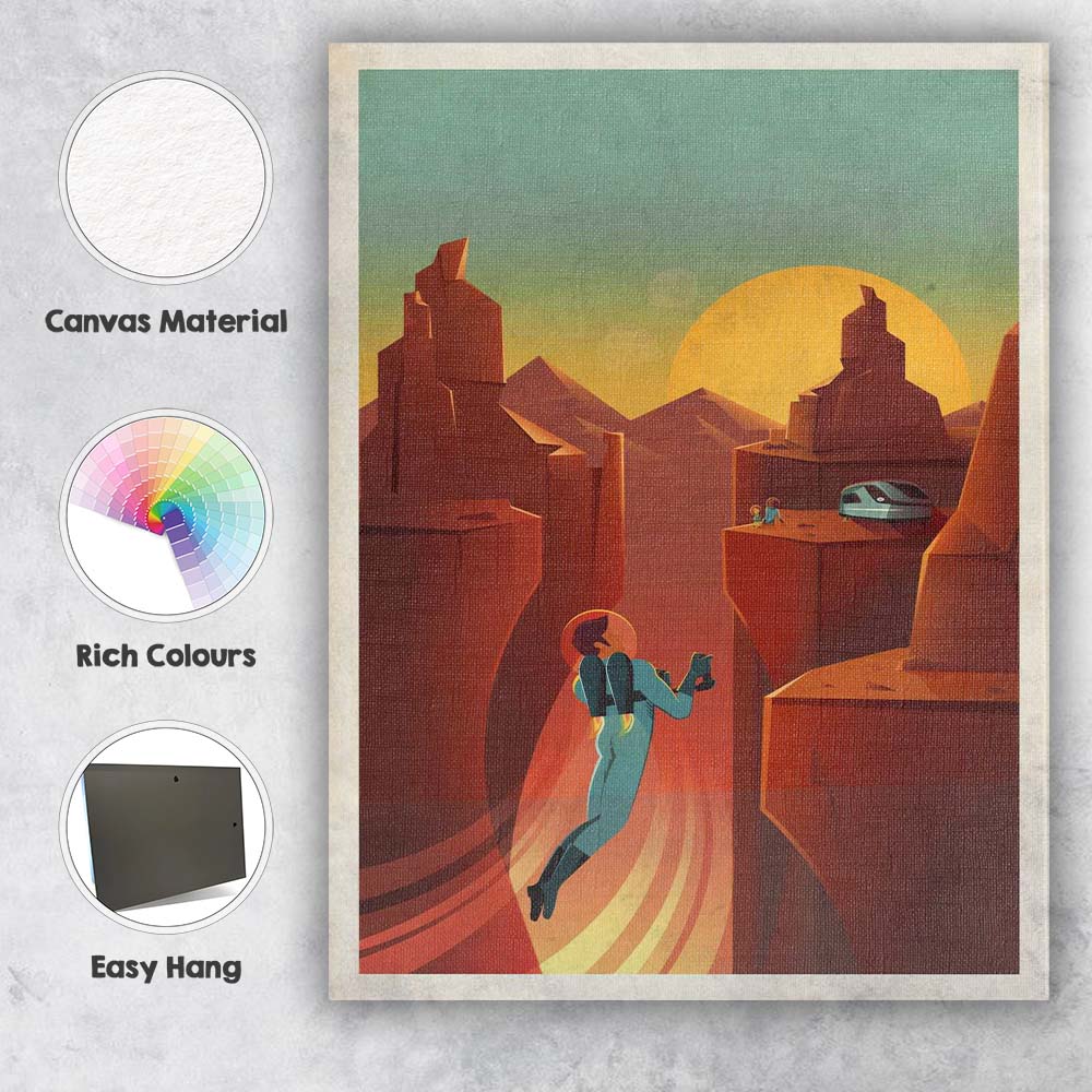 Retro Futuristic Desert Canyon Jetpack Explorer Space Adventure Canvas Wall Art Print Decor Picture Ready to Hang