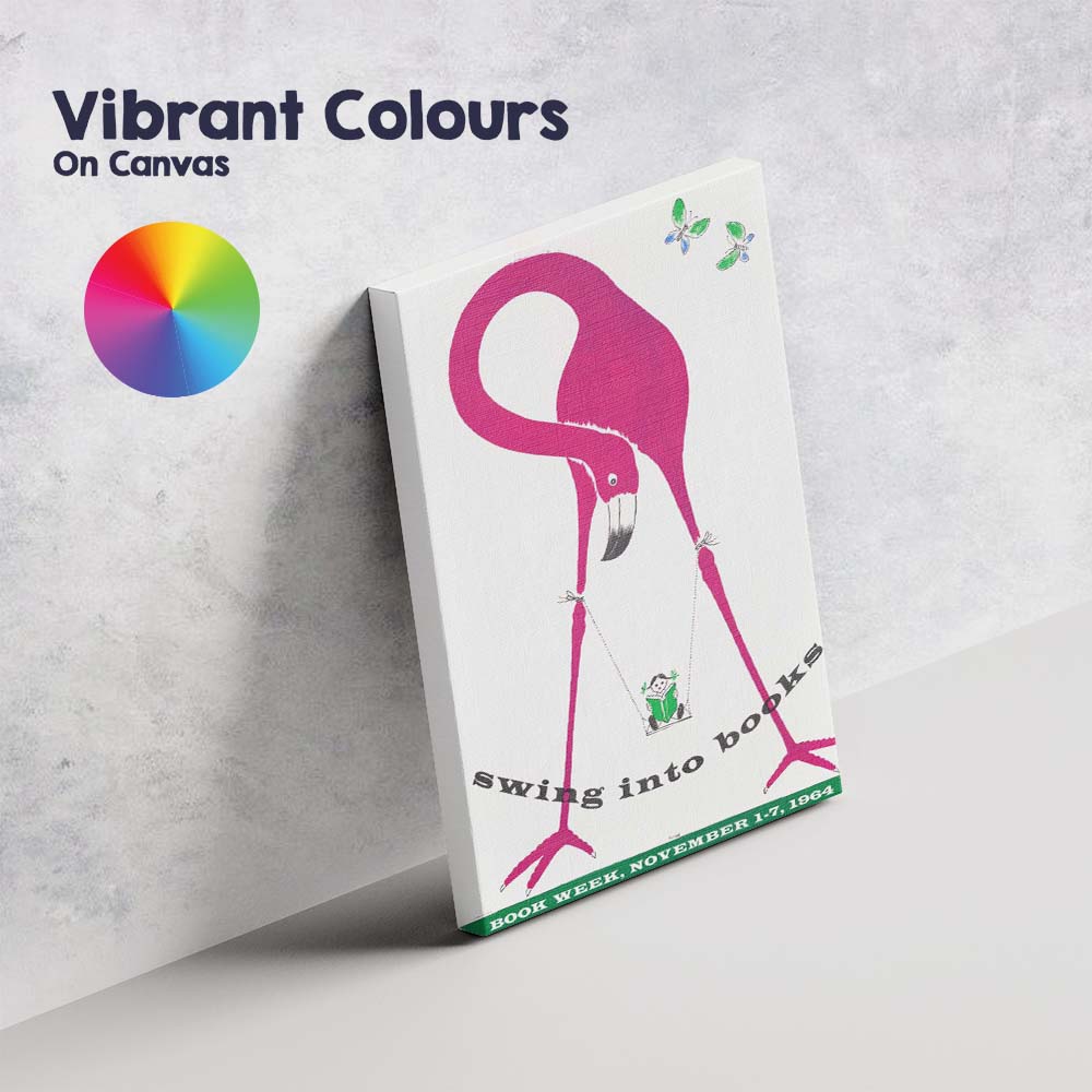 Retro Pink Flamingo Swing Into Books Reading Poster Canvas Wall Art Print Decor Picture Ready to Hang