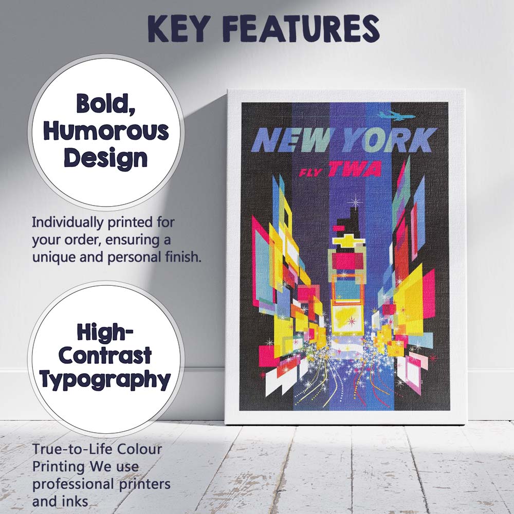 Retro Fly TWA New York Times Square Neon Cityscape Travel Poster Canvas Wall Art Print Decor Picture Ready to Hang