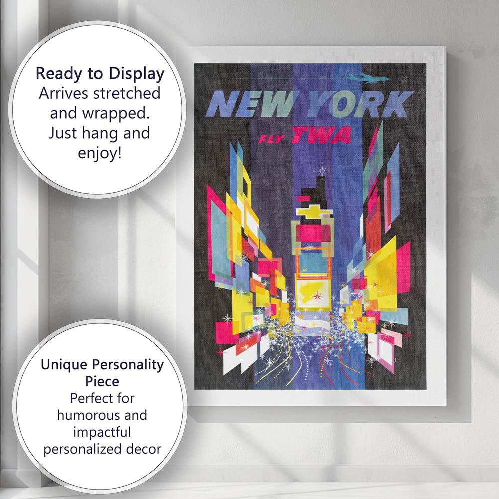 Retro Fly TWA New York Times Square Neon Cityscape Travel Poster Canvas Wall Art Print Decor Picture Ready to Hang