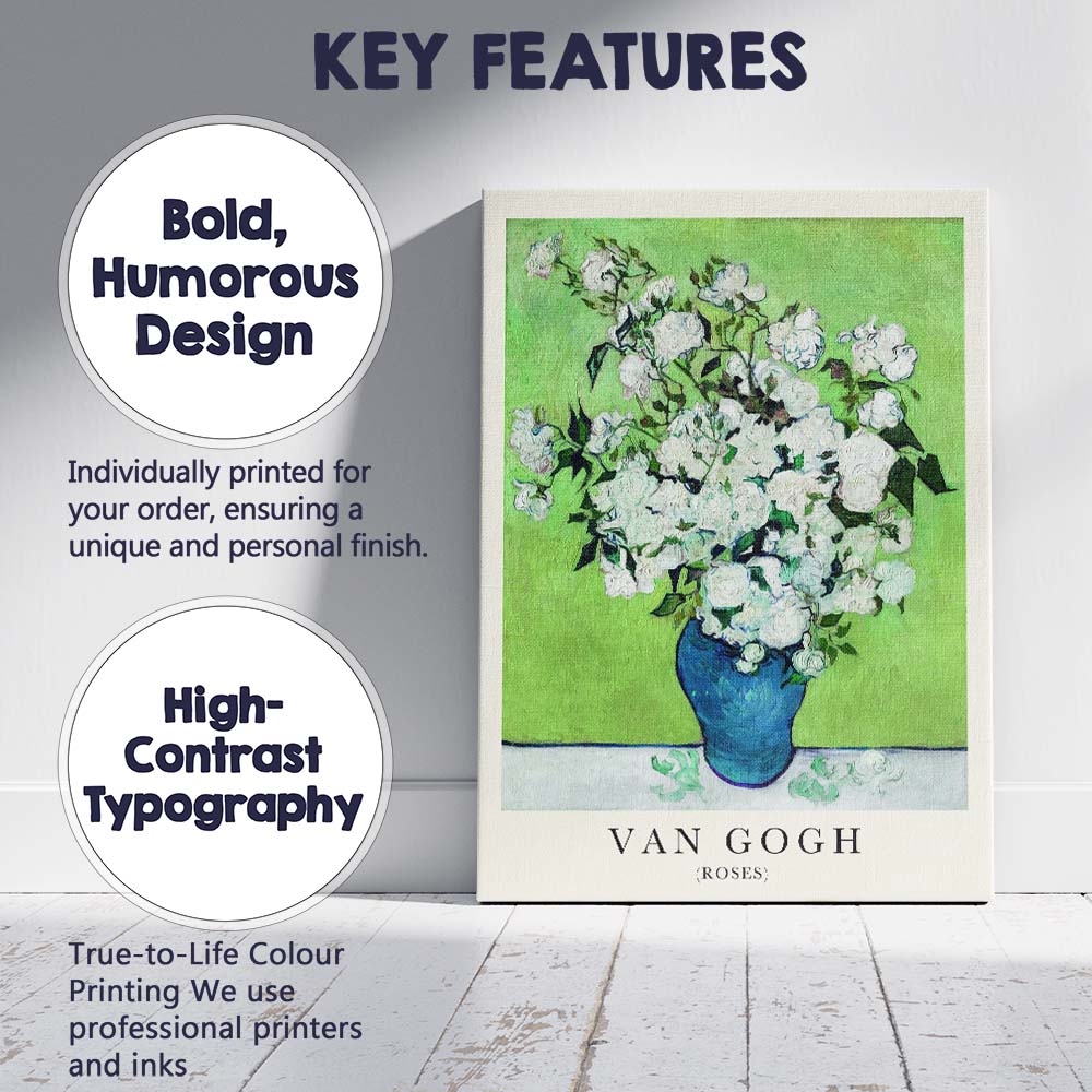 Van Gogh White Roses Blue Vase Impressionist Floral Canvas Wall Art Print Decor Picture Ready to Hang