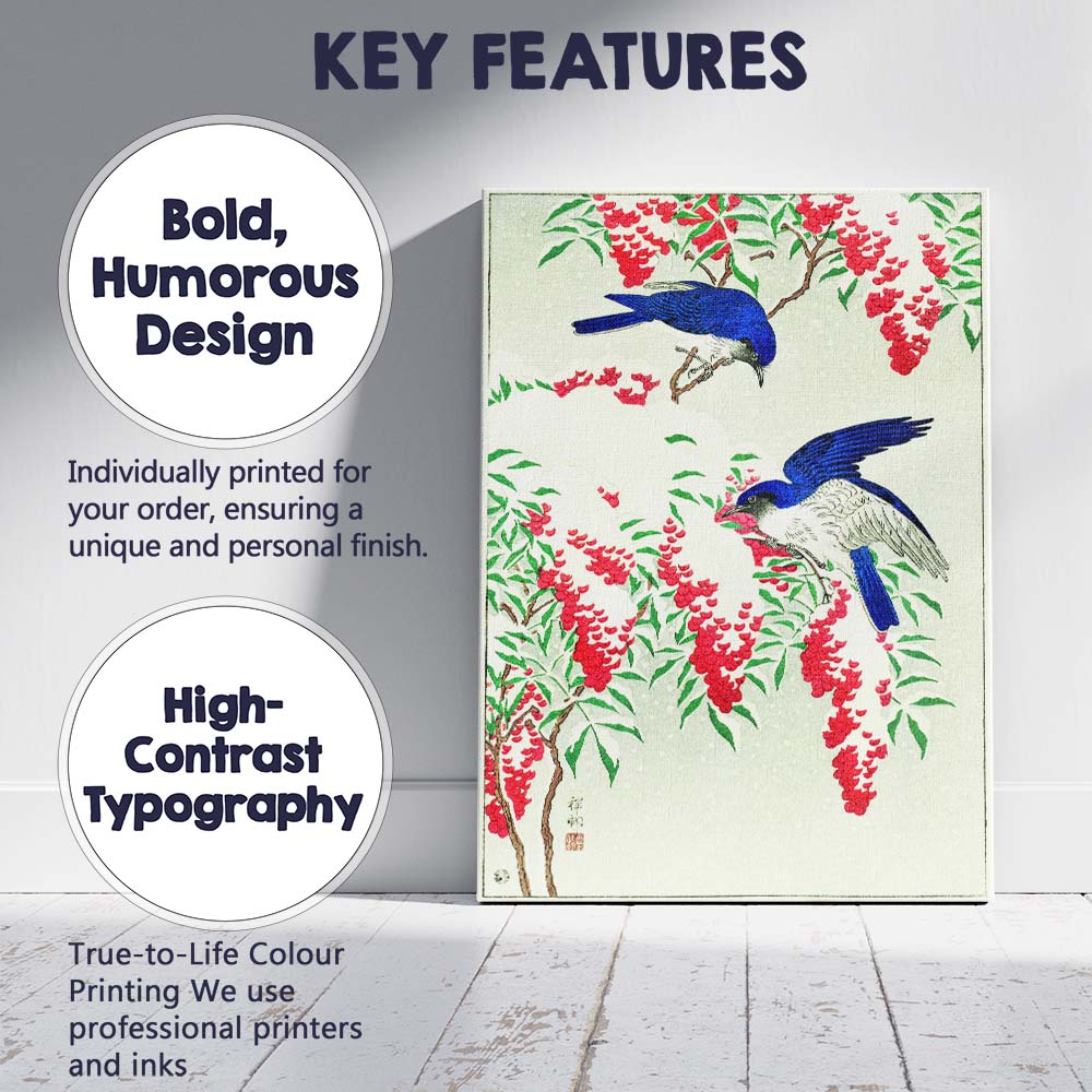 Japanese Blue Birds and Red Berries Woodblock Style Canvas Wall Art Print Decor Picture Ready to Hang