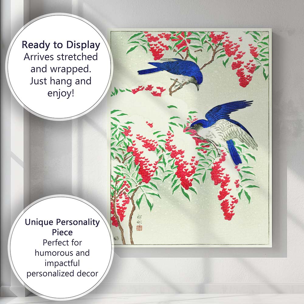 Japanese Blue Birds and Red Berries Woodblock Style Canvas Wall Art Print Decor Picture Ready to Hang